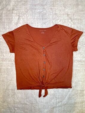 American Eagle Outfitters Rust Tie-Front Button Crop Top - Large - Never Worn ✨